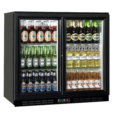 35 In. 7.4 Cu. Ft. 2 Glass Sliding Door Counter Height Back Bar Cooler Refrigerator with Led Lighting in Black | Fridge.com