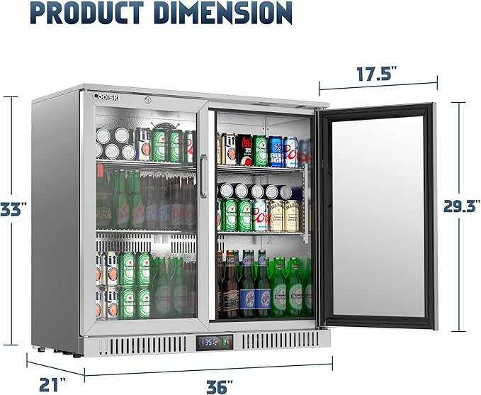COOLSKI 36 Inch Back Bar Cooler, Under Counter Beverage Refrigerator With Glass Doors, Commercial Counter Height Display Fridge For Beer Soda, 7.4 Cu.Ft. Capacity/LED Lighting/Etl Nsf Approved - View 3 | Fridge.com