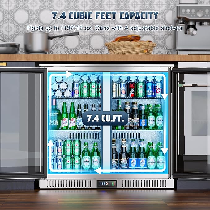 COOLSKI 36 Inch Back Bar Cooler, Under Counter Beverage Refrigerator With Glass Doors, Commercial Counter Height Display Fridge For Beer Soda, 7.4 Cu.Ft. Capacity/LED Lighting/Etl Nsf Approved - View 4 | Fridge.com