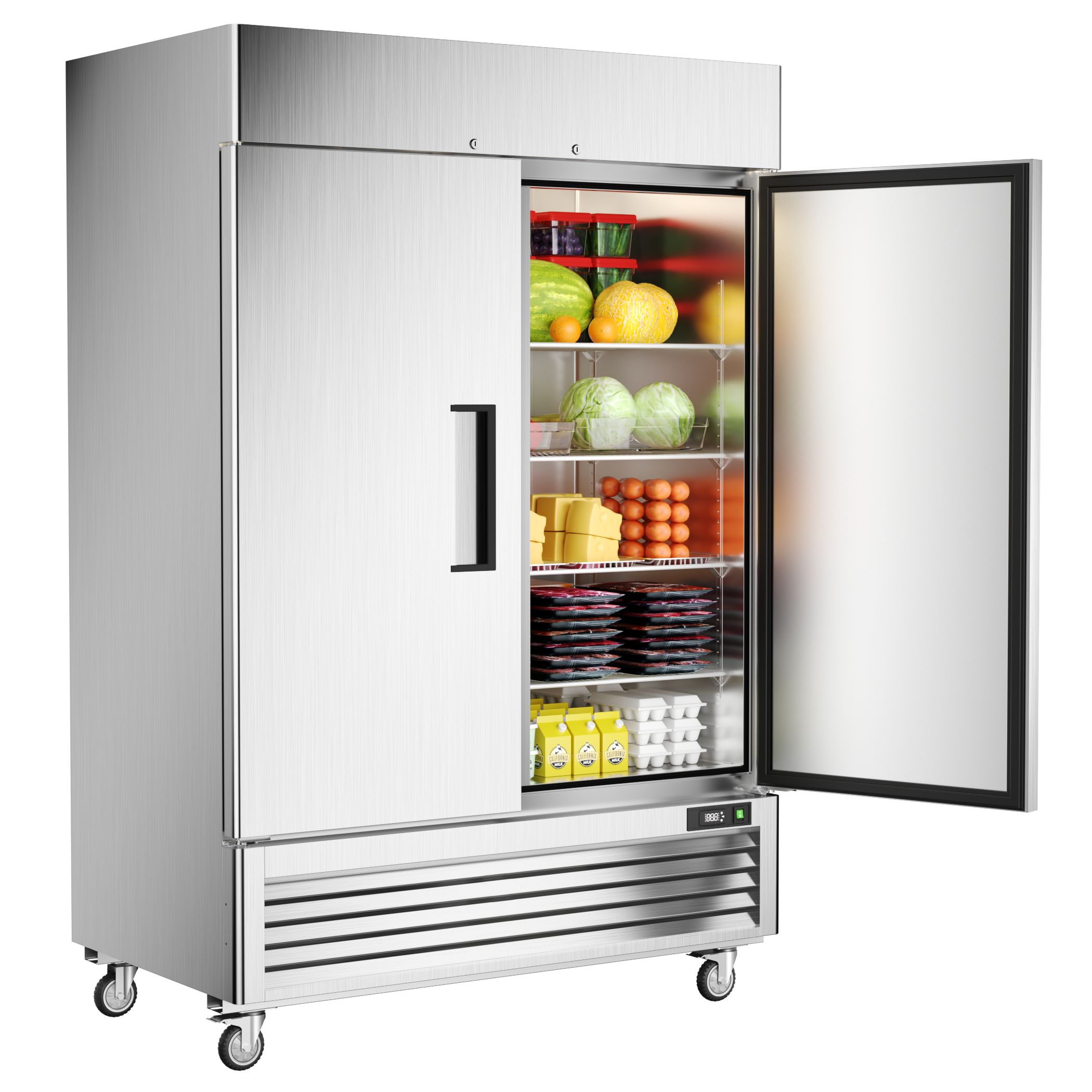 Coolski 54" W Commercial Refrigerator 2 Door, 49 Cu.Ft Fan Cooling Reach-In Cooler Stainless Steel Upright Refrigerator, 33 to 41℉, Auto Defrosting, LED Light 8 Shelves, 4 Wheels | Fridge.com