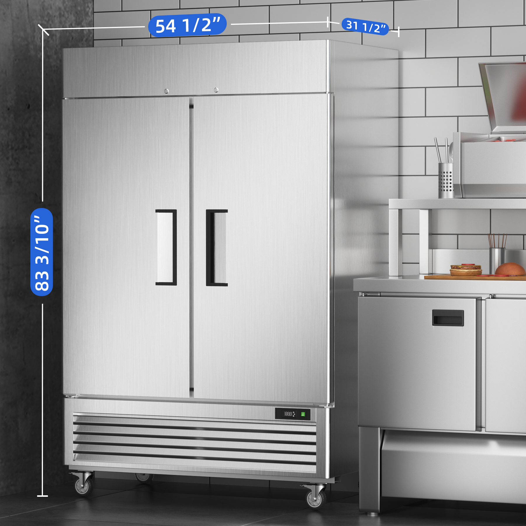 COOLSKI 54" W Commercial Refrigerator 2 Door, 49 cu.ft Fan Cooling Reach-In Cooler Stainless Steel Upright Refrigerator, 33 To 41℉, Auto Defrosting, LED Light 8 Shelves, 4 Wheels - View 3 | Fridge.com