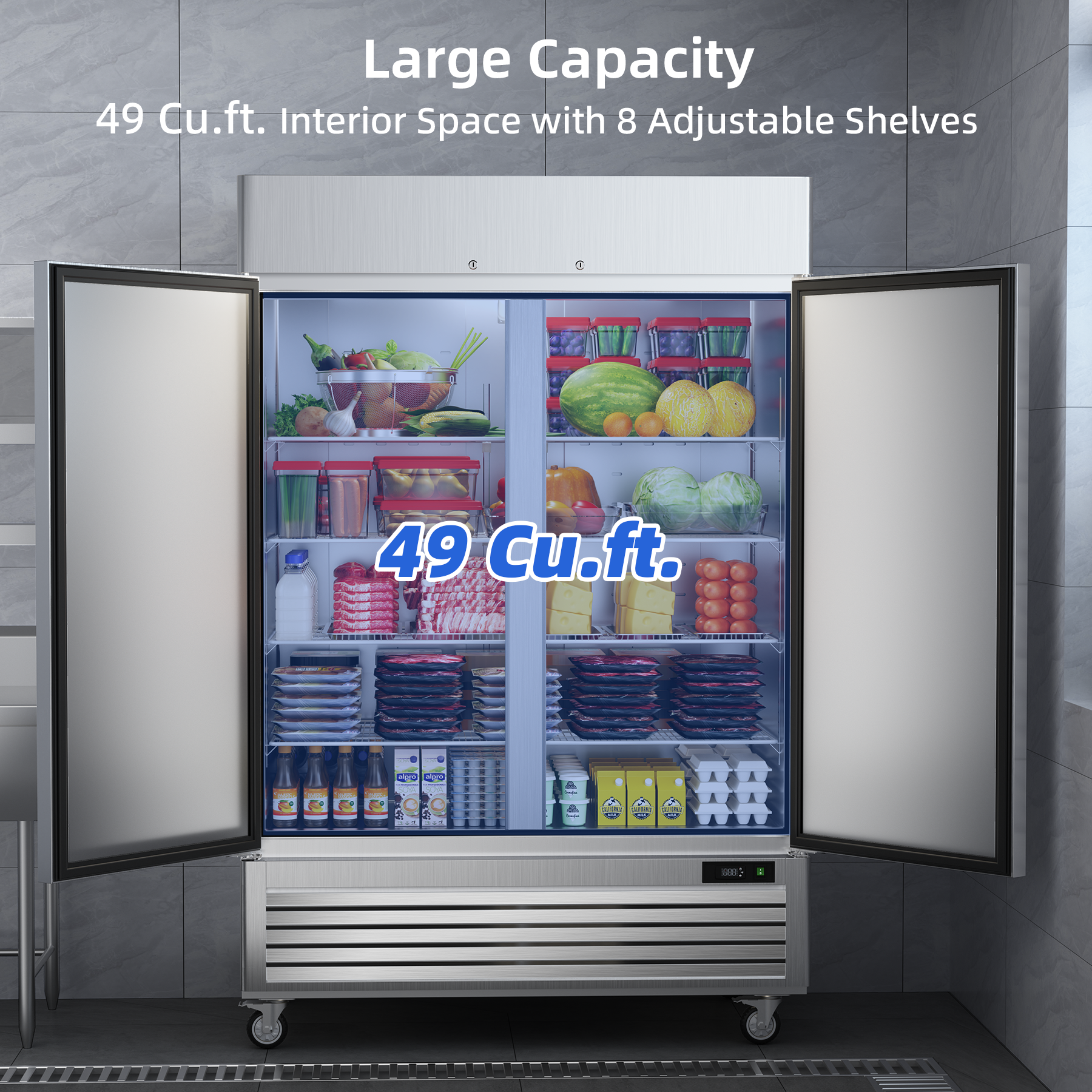 COOLSKI 54" W Commercial Refrigerator 2 Door, 49 cu.ft Fan Cooling Reach-In Cooler Stainless Steel Upright Refrigerator, 33 To 41℉, Auto Defrosting, LED Light 8 Shelves, 4 Wheels - View 5 | Fridge.com
