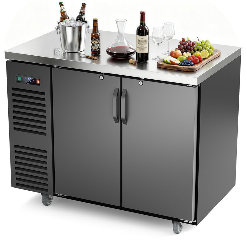 Coolski - 48 in. W 15.1 cu. ft. Commercial Solid Door Under Back Bar Cooler Refrigerator in Black - Stainless Steel | Fridge.com