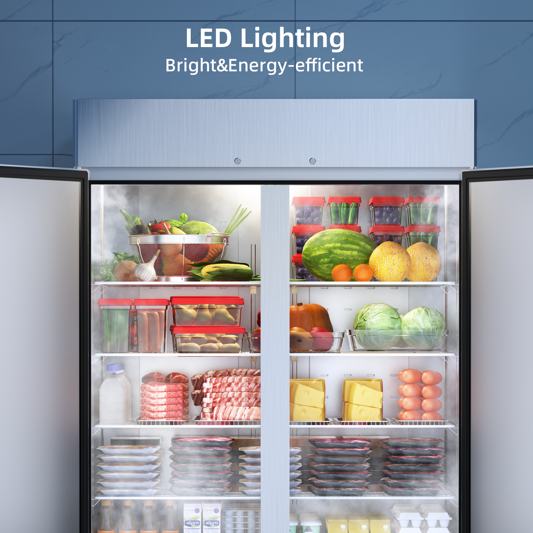COOLSKI 54" W Commercial Refrigerator 2 Door, 49 cu.ft Fan Cooling Reach-In Cooler Stainless Steel Upright Refrigerator, 33 To 41℉, Auto Defrosting, LED Light 8 Shelves, 4 Wheels - View 2 | Fridge.com