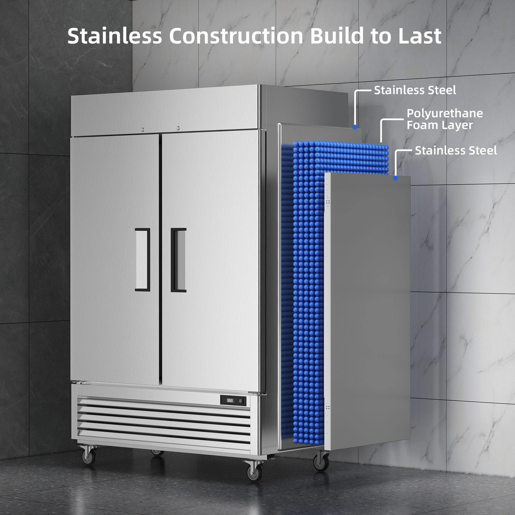 COOLSKI 54" W Commercial Refrigerator 2 Door, 49 cu.ft Fan Cooling Reach-In Cooler Stainless Steel Upright Refrigerator, 33 To 41℉, Auto Defrosting, LED Light 8 Shelves, 4 Wheels - View 4 | Fridge.com