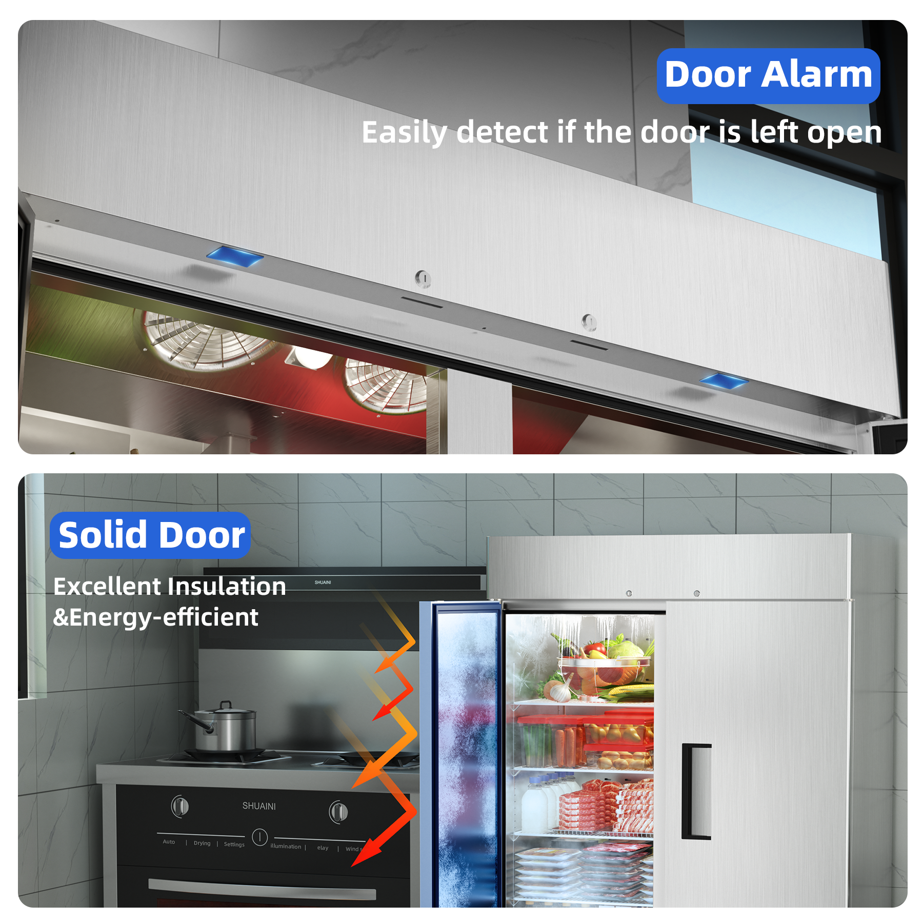 COOLSKI 54" W Commercial Refrigerator 2 Door, 49 cu.ft Fan Cooling Reach-In Cooler Stainless Steel Upright Refrigerator, 33 To 41℉, Auto Defrosting, LED Light 8 Shelves, 4 Wheels - View 6 | Fridge.com