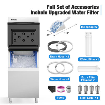 Commercial Ice Maker Machine 450 Lb. Daily Production, Industrial Ice Maker with Large Storage Bin, Ideal for Restaurant Bar Business, Stainless Steel | Fridge.com
