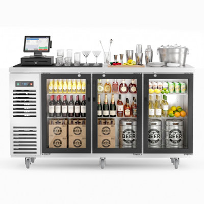 72 in. W 25.6 cu. ft. Commercial Under Height Back Bar Cooler Refrigerator with Glass Door - Stainless Steel — COOLSKI, model MBB-72SHG