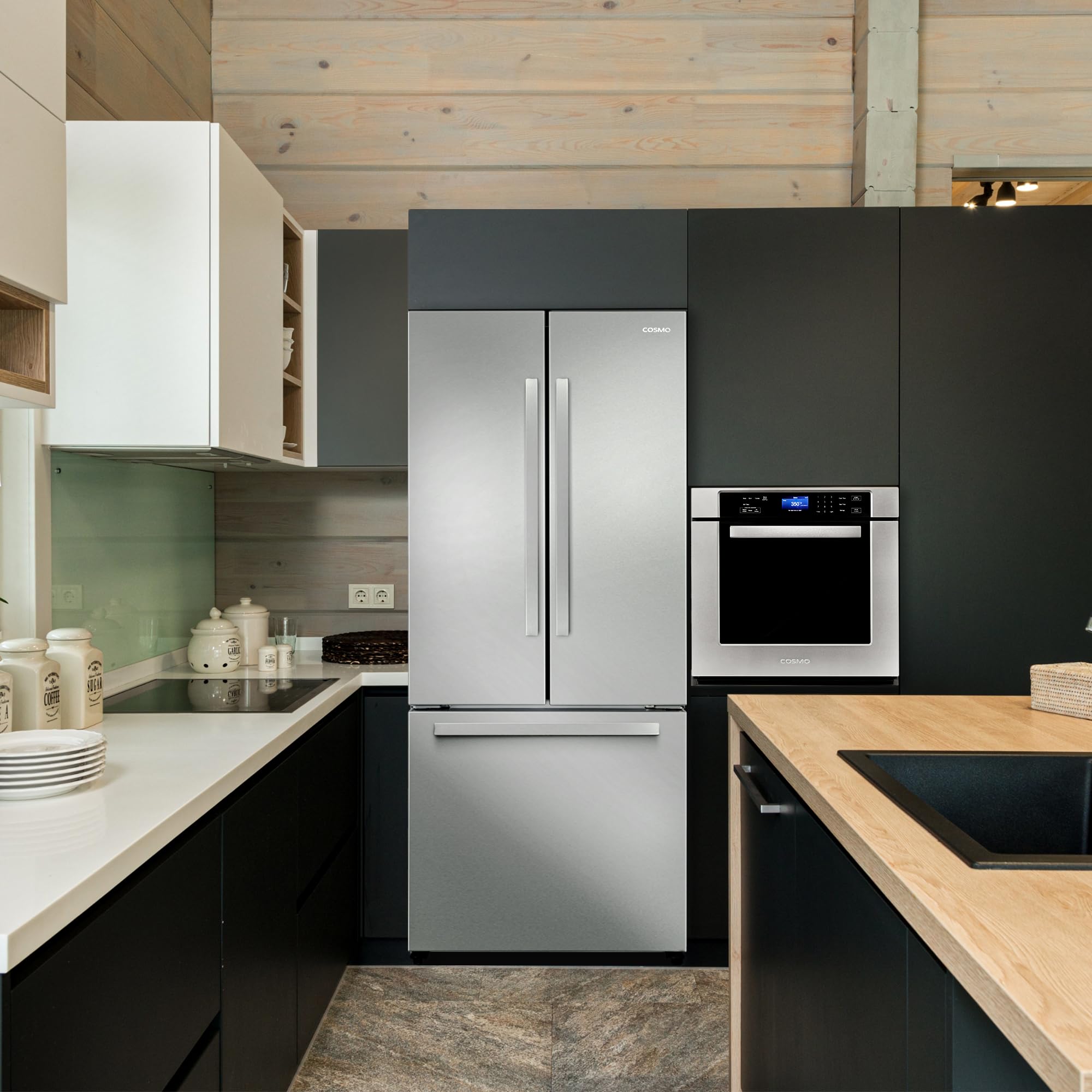 Cosmo 30 in. Vista Collection 17.5 cu. ft. Counter Depth 3-Door French Door Refrigerator, Freezer Drawer, Stainless Steel - View 2 | Fridge.com
