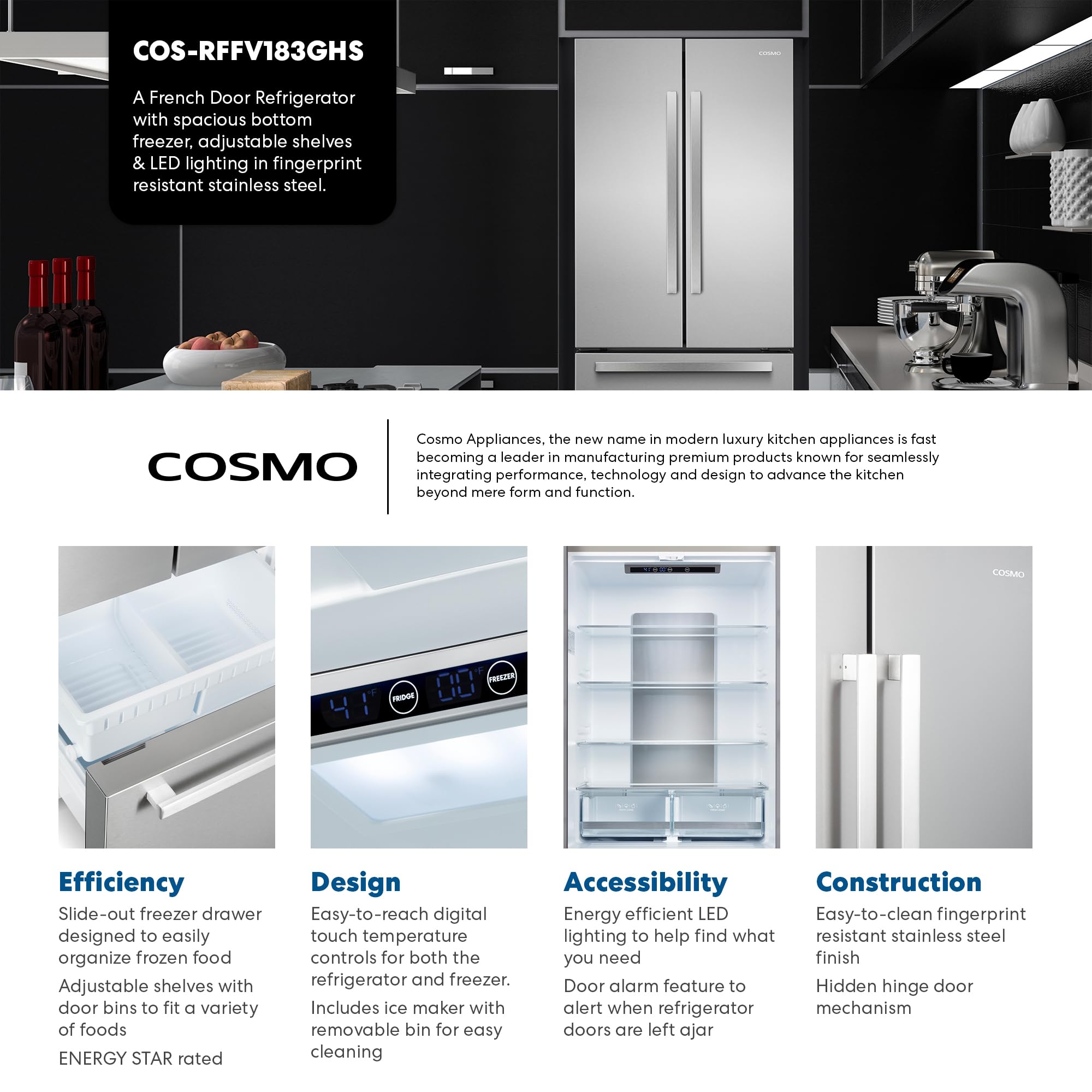 Cosmo 30 in. Vista Collection 17.5 cu. ft. Counter Depth 3-Door French Door Refrigerator, Freezer Drawer, Stainless Steel - View 3 | Fridge.com