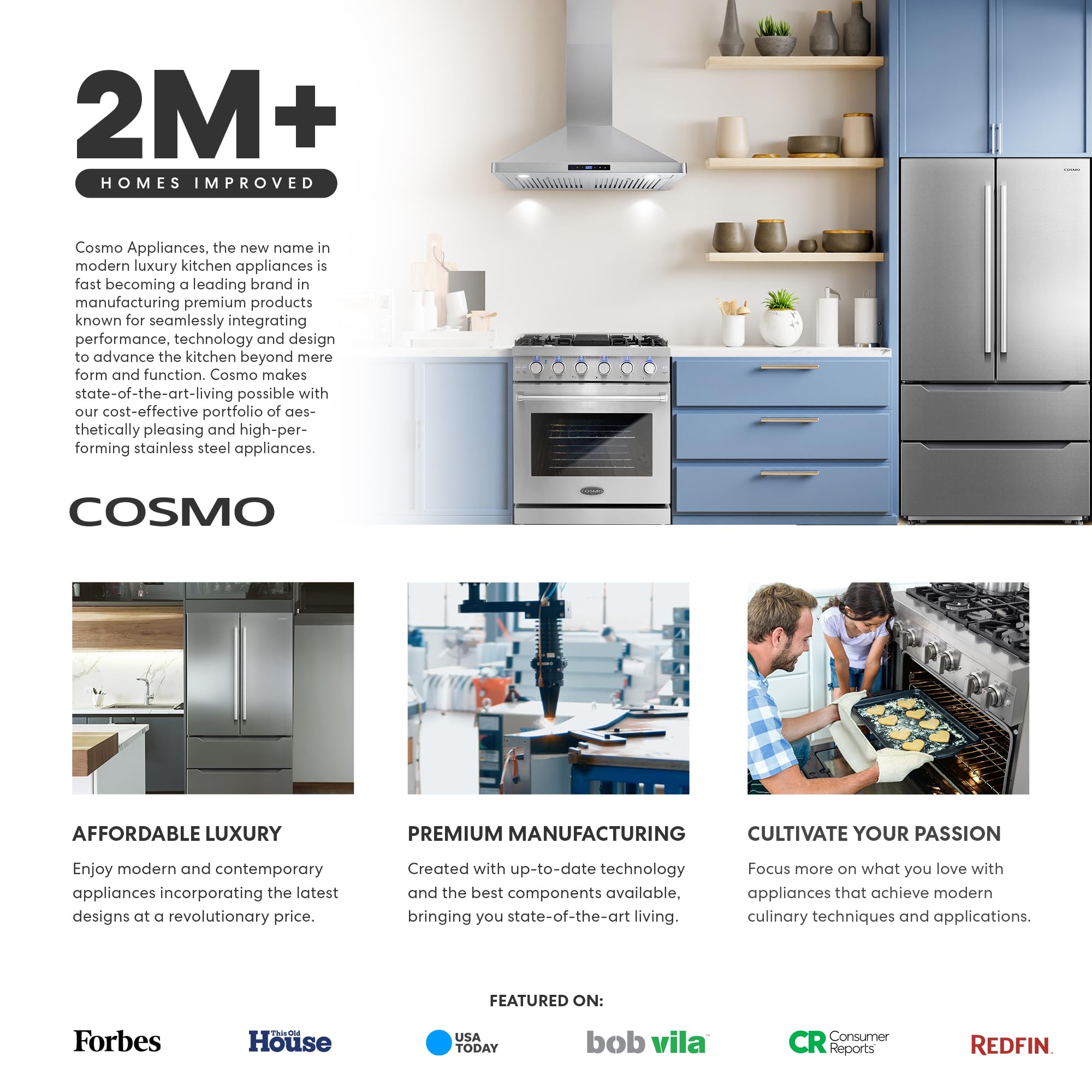 Cosmo 30 in. Vista Collection 17.5 cu. ft. Counter Depth 3-Door French Door Refrigerator, Freezer Drawer, Stainless Steel - View 4 | Fridge.com
