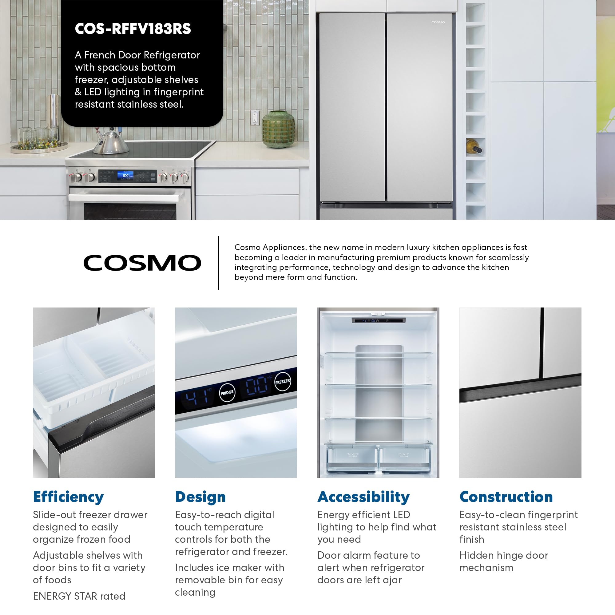 Cosmo 30 in. Vista Collection 17.5 cu. ft. Counter Depth 3-Door French Door Refrigerator, Freezer Drawer, Stainless Steel - View 2 | Fridge.com