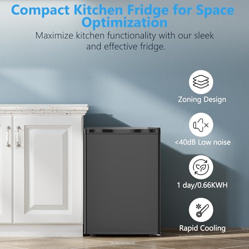 Cowsar 2.6 cu.ft Mini Fridge With Freezer, Single-Door Compact Refrigerator, 7 Settings Temperature Adjustable, 2 Removable Shelves, Commercial Small Fridge For Bedroom, Office, Kitchen, Dorm, Black - View 6 | Fridge.com