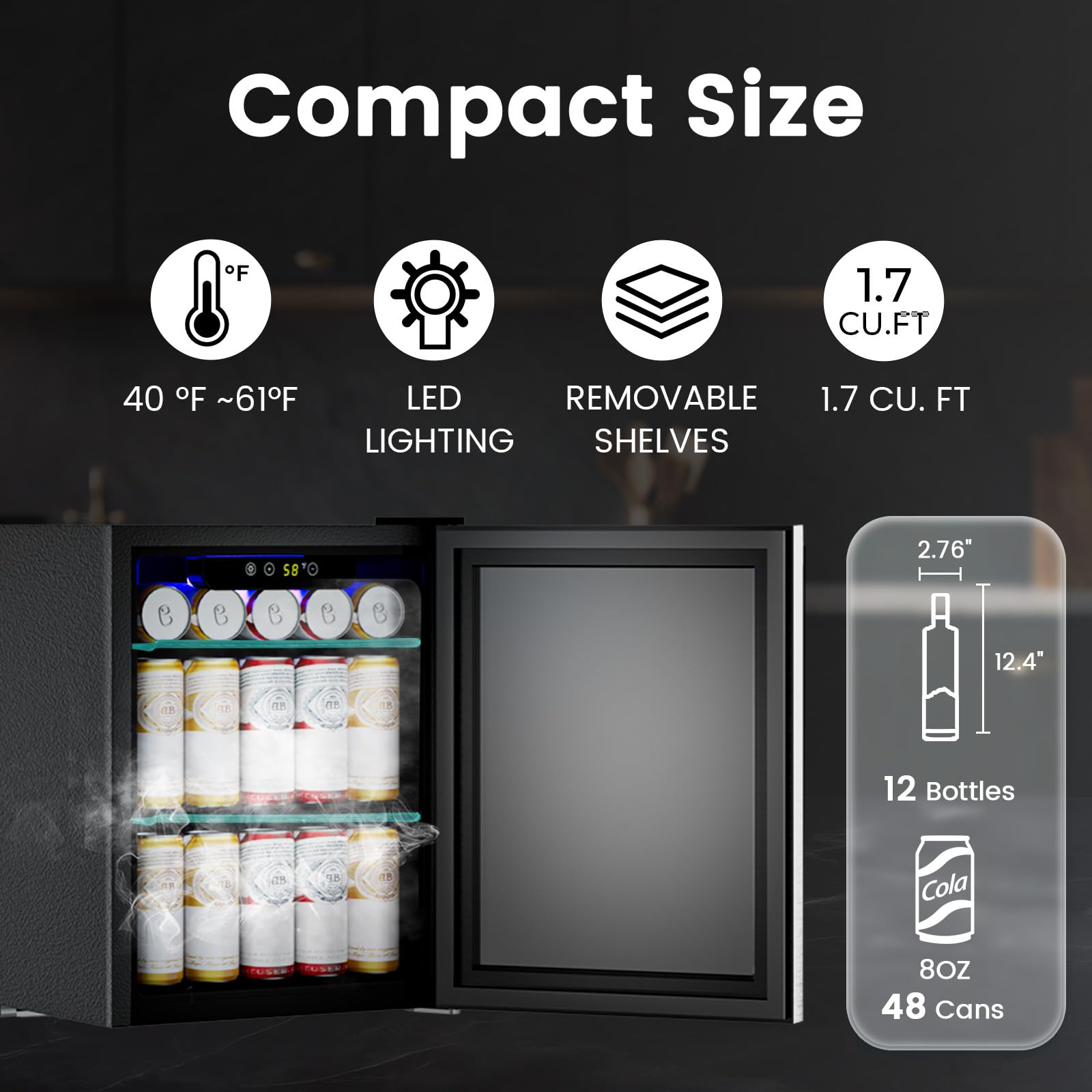 COWSAR 1.7 Cu. Ft Mini Beverage Refrigerator, 68 Cans, 16 Bottles Compact Drink Cooler with Glass Door & Touch Controls for Home, Office Bar | Fridge.com