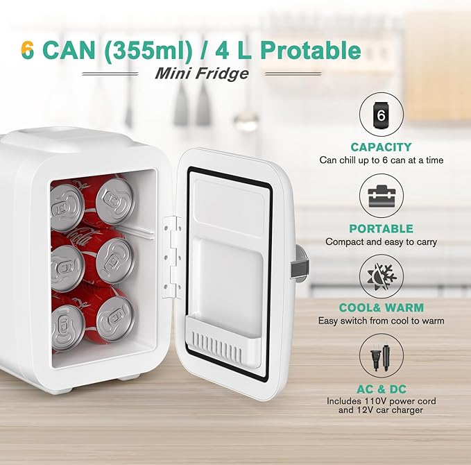 CROWNFUL Mini Fridge, 4 Liter/6 Can Portable Cooler And Warmer Personal Refrigerator For Skin Care, Cosmetics, Beverage, Food,Great For Bedroom, Office, Car, Dorm, Etl Listed (White) - View 3 | Fridge.com