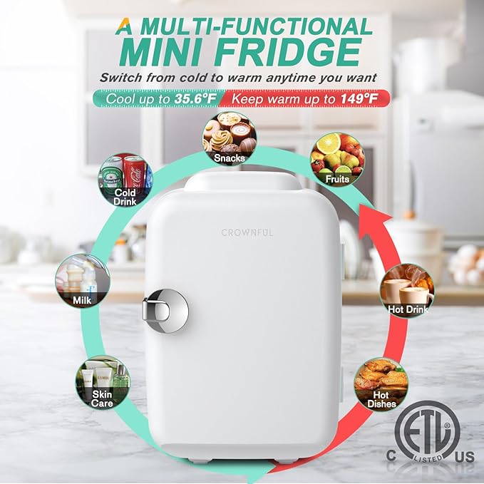 CROWNFUL Mini Fridge, 4 Liter/6 Can Portable Cooler And Warmer Personal Refrigerator For Skin Care, Cosmetics, Beverage, Food,Great For Bedroom, Office, Car, Dorm, Etl Listed (White) - View 4 | Fridge.com