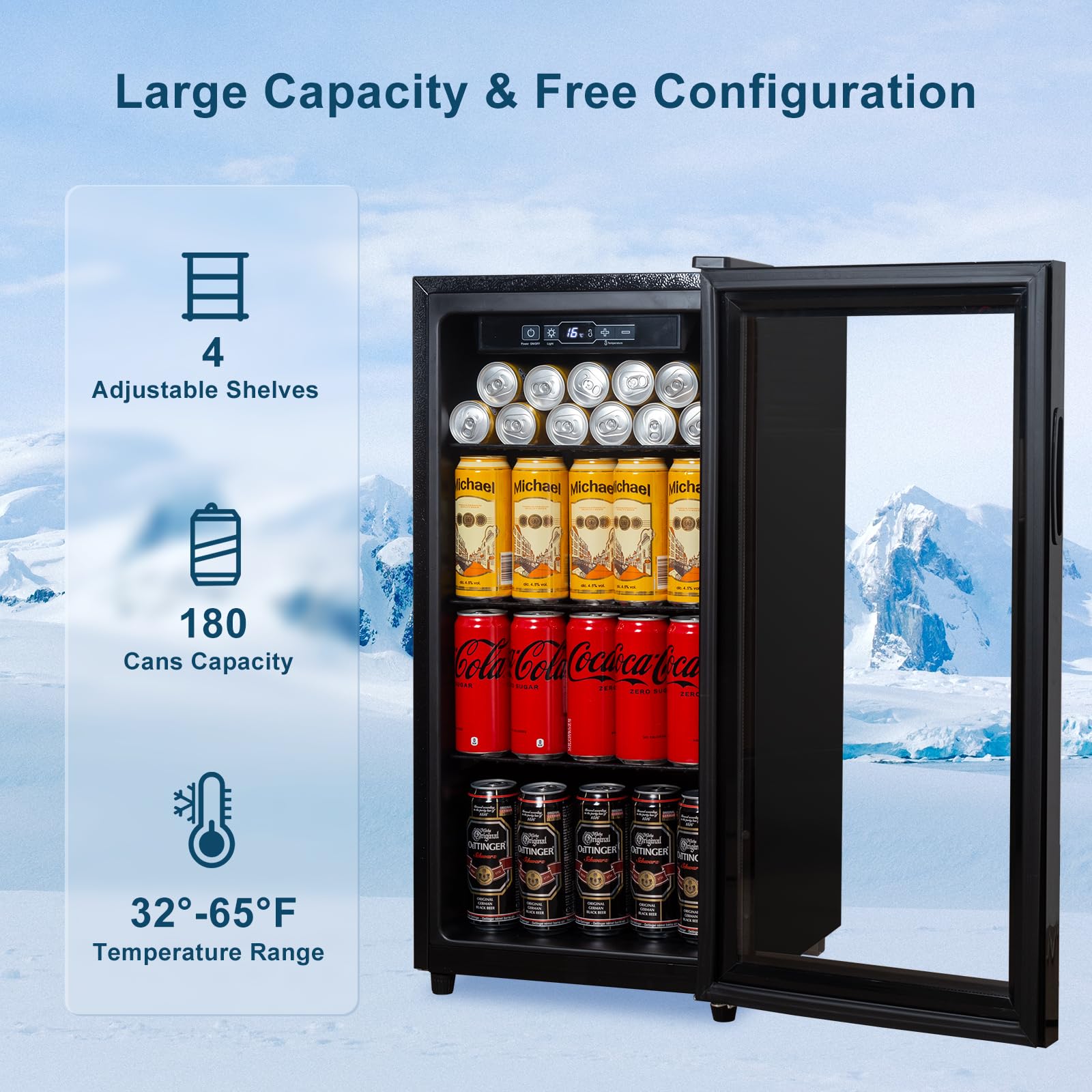 Cucina Magica Beverage Refrigerator 180 Can, Black Beer Fridge with Glass Door, 3.2 Cu Ft Mini Fridge for Drinks, Freestanding Cooler with Adjustable Shelves & Digital Temp Control | Fridge.com