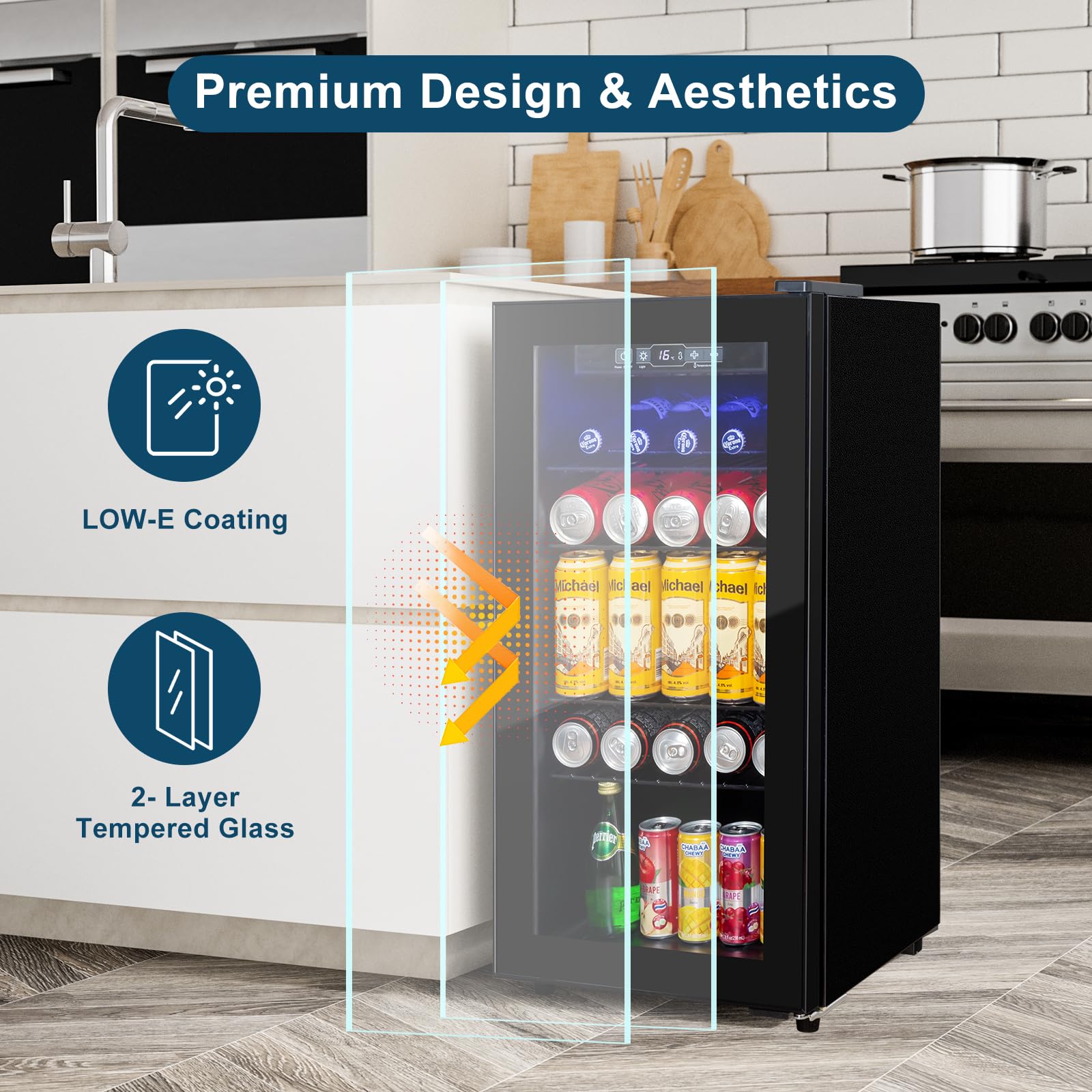 Cucina Magica Beverage Refrigerator 180 Can, Black Beer Fridge With Glass Door, 3.2 cu ft Mini Fridge For Drinks, Freestanding Cooler With Adjustable Shelves & Digital Temp Control - View 5 | Fridge.com