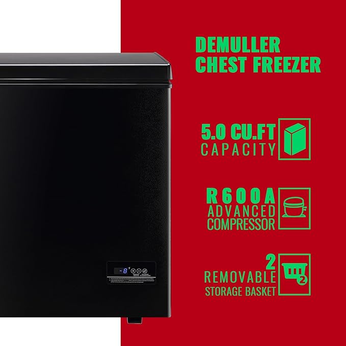 DEMULLER Chest Freezer 5.0Cubic Feet Deep Freezer Freestanding Freezers with 2 Removable Stainless Steel Basket, Mini Freezer Top Open Door Compact Freezer with Electronic Control 41℉ to -15℉BLACK | Fridge.com