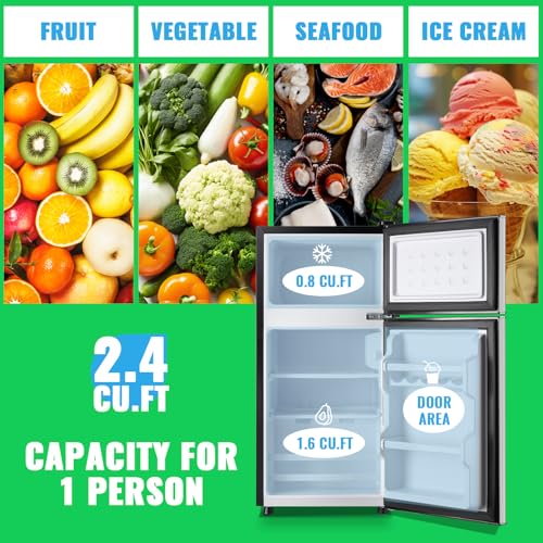 Demuller Mini Fridge With Freezer, 2.4 cu.ft Personal Refrigerator Only For One Person Use, Silver Tiny Small Size Refrigerator With 7 Level Adjustable Temperature And Double Door - View 4 | Fridge.com