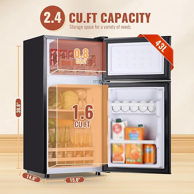 Demuller 2.4 cu.ft Mini Fridge With Double Doors Small Refrigerator With Separate Freezer & 7 Adjustable Temperature Control, Tiny Size & Personal Fridge Ideal For Office Apartment Dorm Black - View 3 | Fridge.com