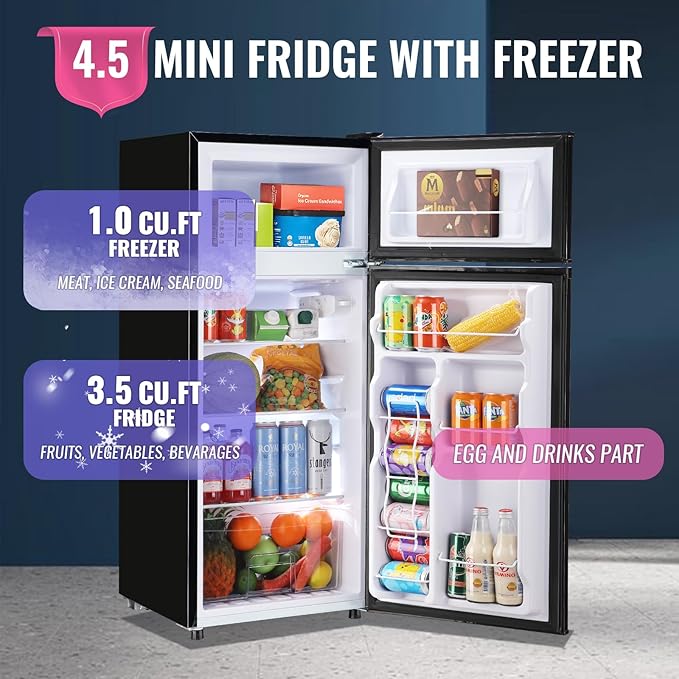 Demuller 4.5 cu.ft Small Refrigerator With Top Freezer, 2 Door Mini Fridge With Adjustable Thermostat & Removable Glass Shelves Compact Refrigerator For Bedroom, Dorm Black - View 3 | Fridge.com
