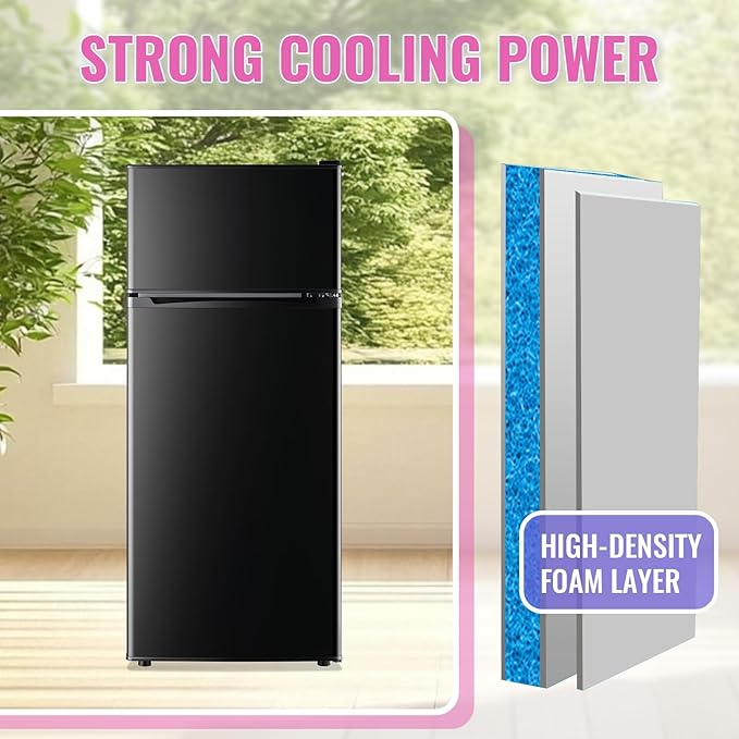 Demuller 4.5 cu.ft Small Refrigerator With Top Freezer, 2 Door Mini Fridge With Adjustable Thermostat & Removable Glass Shelves Compact Refrigerator For Bedroom, Dorm Black - View 6 | Fridge.com