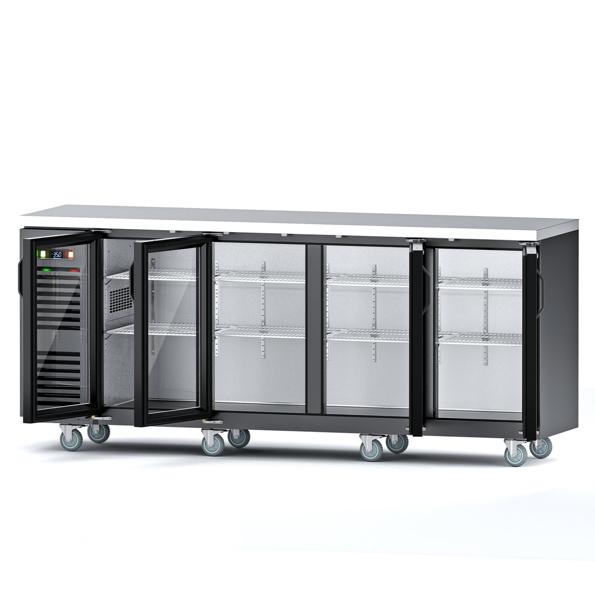 Coolake 92 Commercial Back Bar Cooler with 4 Glass Doors, 33-41, 28.5 Cu.Ft. Stainless Steel Top Back Bar Refrigerator with LED Lighting, Back Bever | Fridge.com
