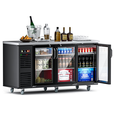 Coolake 24.2 Cu.ft. 3 Glass Doors Commercial Back Bar Cooler, 72 Stainless Steel Top Counter Height Back Beverage Refrigerator, Left Side Compressor | Fridge.com