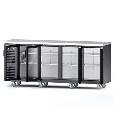 Coolake 92 Commercial Back Bar Cooler with 4 Glass Doors, 33-41, 32.5 Cu.Ft. Stainless Steel Top Back Bar — Digitale Essentials, model MBB92BHG-Coolake