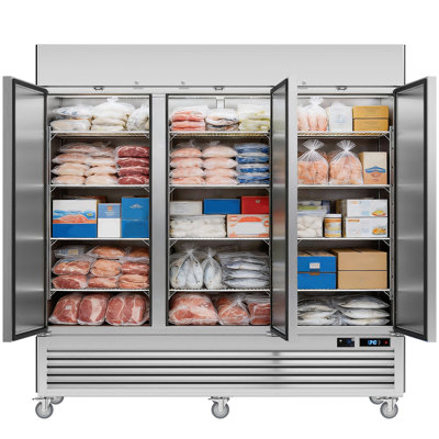 VEECOOL 82" Bottom Mounted Solid Door Commercial Upright Freezer in Stainless Steel WiFi-Enabled with 12 Shelves | Fridge.com