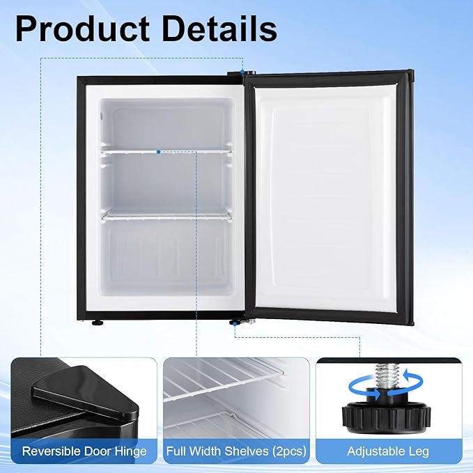 Doghly 2.1 cu.ft Upright Freezer With Removable Shelf, 7 Adjustable Thermostat, Stand-Up Single Door Compact Freezer With Rapid Cooling Technology For Home, Kitchen, Dorm, Black (2.1 cu.ft) - View 3 | Fridge.com