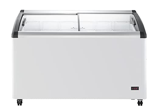 Duura Commercial Mobile Ice Cream Display Chest Freezer Sub Zero Temp Curved Glass Top Frost Free Lid with 6 Wire Baskets, 53.2 Inch Wide 15.2 Cubic Feet, White | Fridge.com