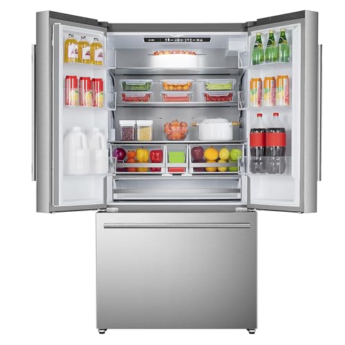 DUURA Elite DE210FDBMDSS Refrigerator Built in with French Doors Adjustable Glass Shelves Dual Drawer Bottom Freezer with Ice Maker, LED Interior Light and Stainless Steel Exterior, 36-Inch, Metallic | Fridge.com