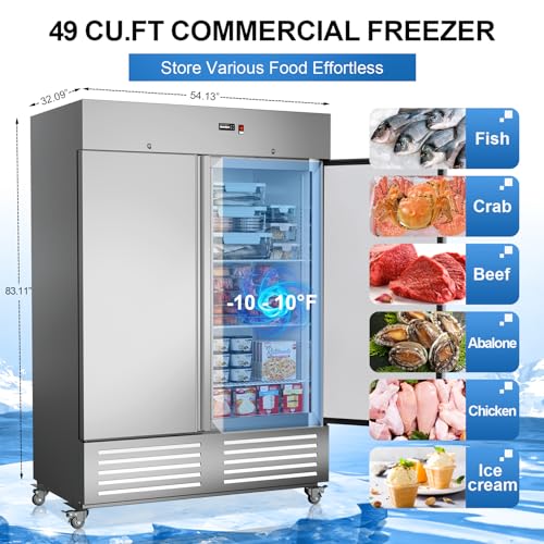 Ecevt 54" W 2 Door Commercial Freezer Stainless Steel Fan Cooling 49 cu.ft Upright Freezer For Restaurant Bar Shop -10℉ ~10℉ Reach-In Freezers - View 2 | Fridge.com