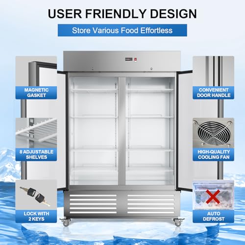 Ecevt 54" W 2 Door Commercial Freezer Stainless Steel Fan Cooling 49 cu.ft Upright Freezer For Restaurant Bar Shop -10℉ ~10℉ Reach-In Freezers - View 6 | Fridge.com