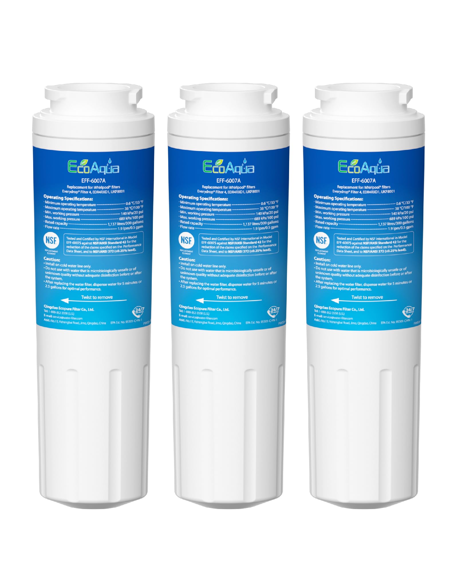 EcoAqua EDR4RXD1 Replacement Filter, Compatible with Maytag UKF8001, Whirlpool 4396395, Puriclean II, Kenmore 46-9006, Everydrop Filter 4, Viking RWFFR Refrigerator Water Filter, 3 Pack | Fridge.com