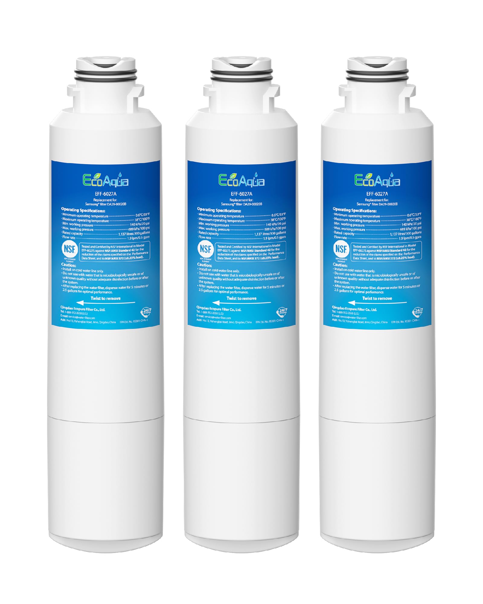 Ecoaqua EFF-6027A Replacement Filter, Compatible With Samsung® DA29-00020B, DA29-00020A, Haf-Cin/Exp, 46-9101 Refrigerator Water Filter, 3 Pack | Fridge.com