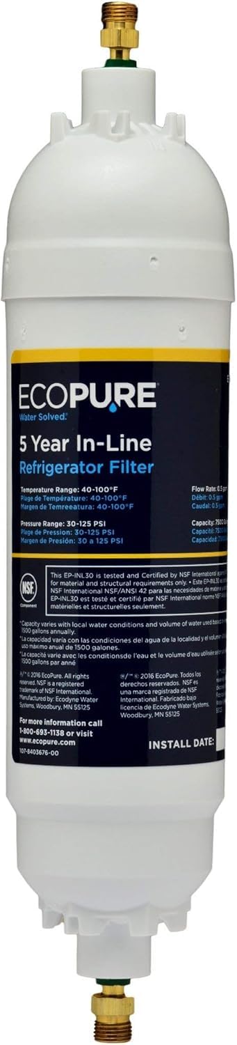 Ecopure EPINL30 5-Year In-Line Refrigerator Water Filter – Universal Fit For Most Fridges, Ice Makers, Rvs & Boats – Reduces Chlorine Taste & Odor – Easy Diy Install With 1/4" Fittings - View 1 | Fridge.com