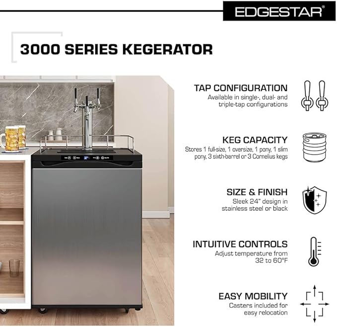 EdgeStar Kc3000trip Full Size Triple Tap Kegerator With Digital Display - Black - View 2 | Fridge.com