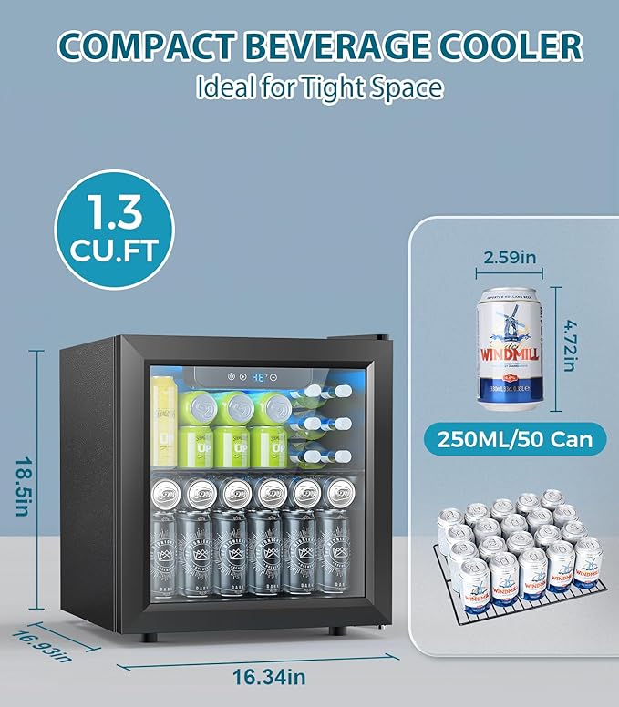 Electactic 50 Cans Beverage Refrigerator Cooler, 1.3 cu.ft Mini Fridge Countertop Drink Cooler With Glass Door For Beer, Soda,Wine, Adjustable Digital Temperature Control For Home Dorm Bar, Black - View 3 | Fridge.com