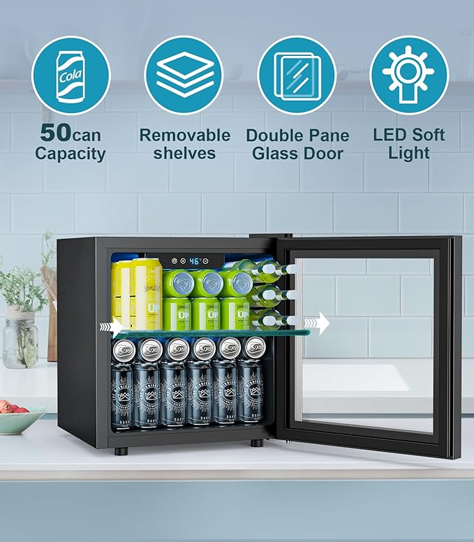 Electactic 50 Cans Beverage Refrigerator Cooler, 1.3 cu.ft Mini Fridge Countertop Drink Cooler With Glass Door For Beer, Soda,Wine, Adjustable Digital Temperature Control For Home Dorm Bar, Black - View 5 | Fridge.com