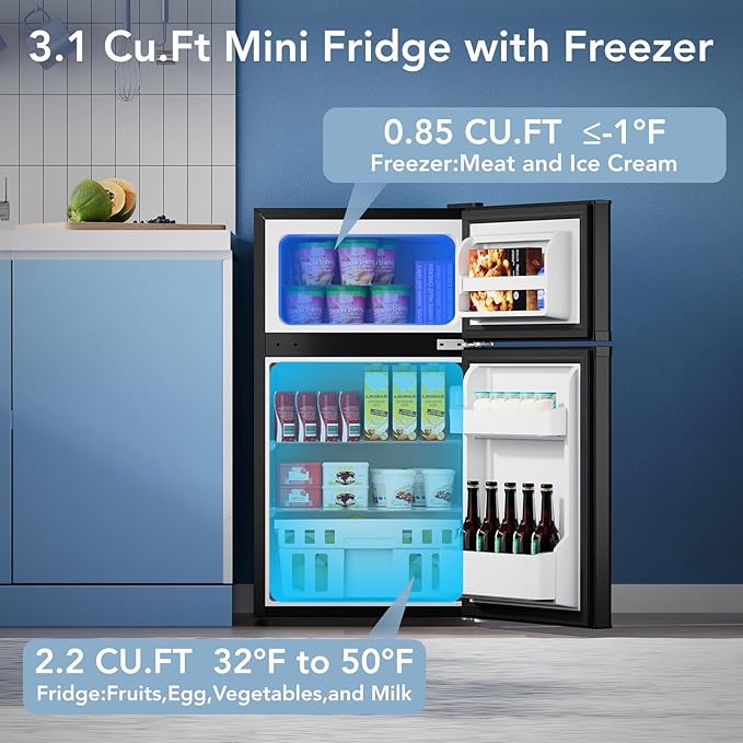 Electactic 3.1 cu.ft Mini Fridge With Freezer, 2 Door Compact Refrigerator, Mini Fridge With Adjustable Removable Glass Shelves For Bedroom, Office, Dorm Or Apartment, Black - View 2 | Fridge.com