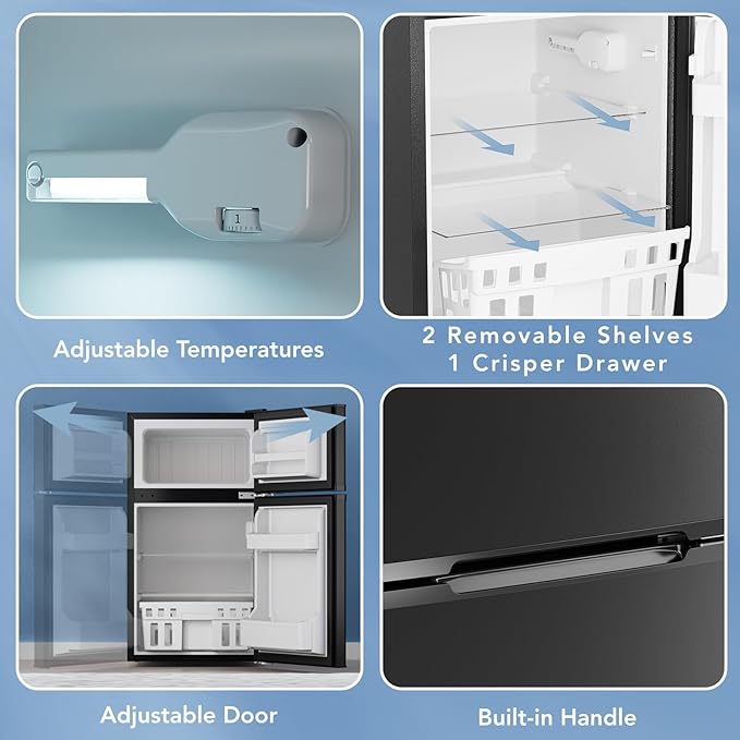 Electactic 3.1 cu.ft Mini Fridge With Freezer, 2 Door Compact Refrigerator, Mini Fridge With Adjustable Removable Glass Shelves For Bedroom, Office, Dorm Or Apartment, Black - View 3 | Fridge.com