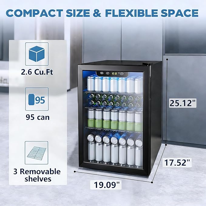 Electactic 95 Cans Beverage Refrigerator, 26 Bottle Mini Fridge, 2.7 cu.ft Drink Fridge Digital Temperature Control for Bottled Beer, Soda,Water | Fridge.com