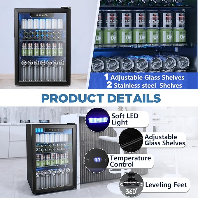 Electactic 95 Cans Beverage Refrigerator, 26 Bottle Mini Fridge, 2.7 cu.ft Drink Fridge Digital Temperature Control For Bottled Beer, Soda,Water - View 5 | Fridge.com