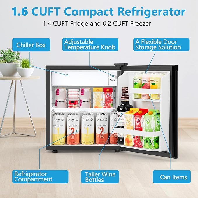 Electactic 1.6 Cu.ft Mini Fridge with Freezer, Compact Single Reversible Door Refrigerator, Adjustable Thermostat, Ultra Quiet, Energy Efficient for Office, Dorm, Bedroom, Apartment -Black | Fridge.com