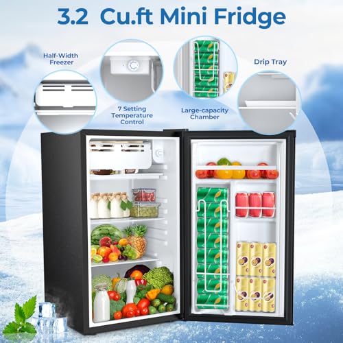 Electactic 3.2 cu.ft Mini Fridge With Freezer, Compact Refrigerator With Reversible Single Door, Adjustable Thermostat, Low Noise, Energy Efficient For Office, Dorm, Bedroom, Apartment (Black) - View 3 | Fridge.com