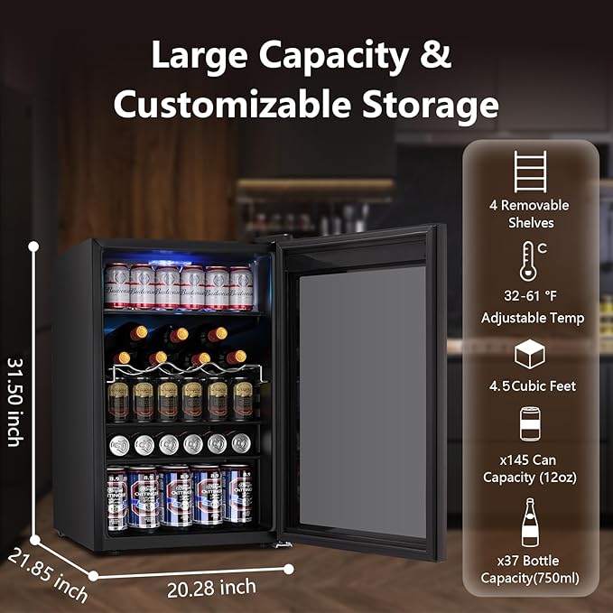 Electactic 37 Bottle Wine Fridge,Freestanding 145 Can Beverage Refrigerator With Smart Temperature Control，4.5 cu ft Quiet Mini Fridge With Child Lock Panel For Family Restaurant Bar, Black - View 2 | Fridge.com