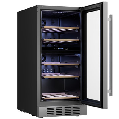 15 In. 26-bottle Dual Zone Wine Cooler Mini Fridge With 5 Beech Wood Shelves - Reversible Door For Home Bar In Black | Fridge.com